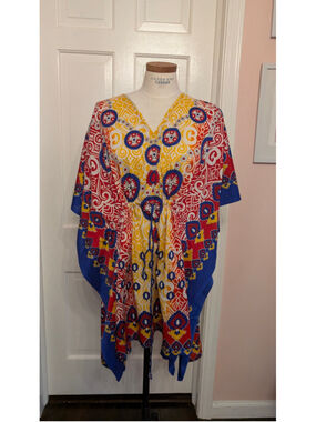 Vintage California woman Yellow Red Patterned Kaftan